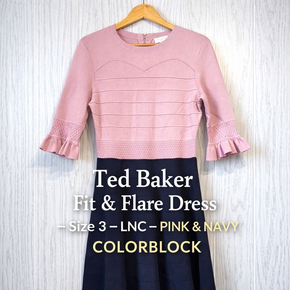 Ted Baker Pink & Navy Colorblock Knit Fit Flare Dress Size 3